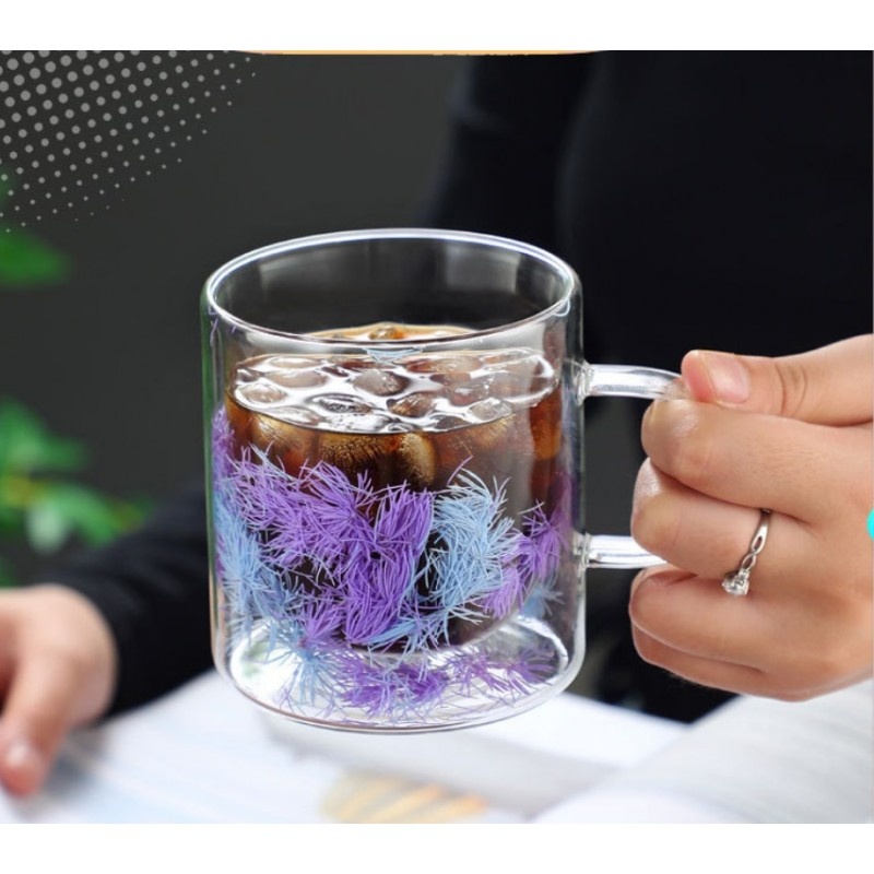 Cană cu flori uscate, violet, pereți dubli, sticlă borosilicată, 300 ml